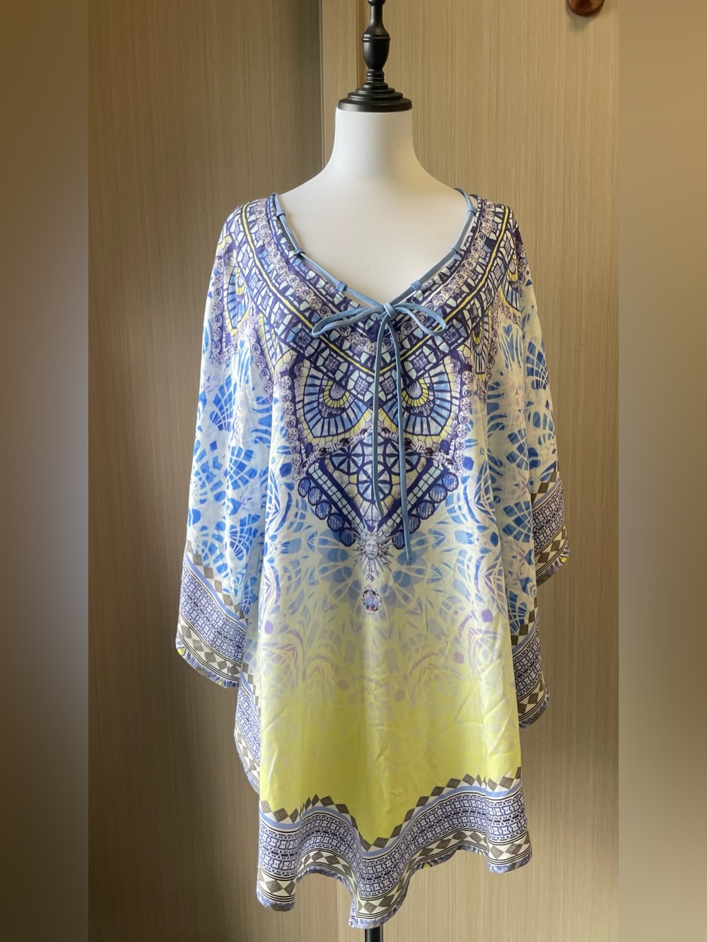 Camilla Swim Cover Up Beach Kaftan Dress Blue Yellow Printed V-Neck Tie Front